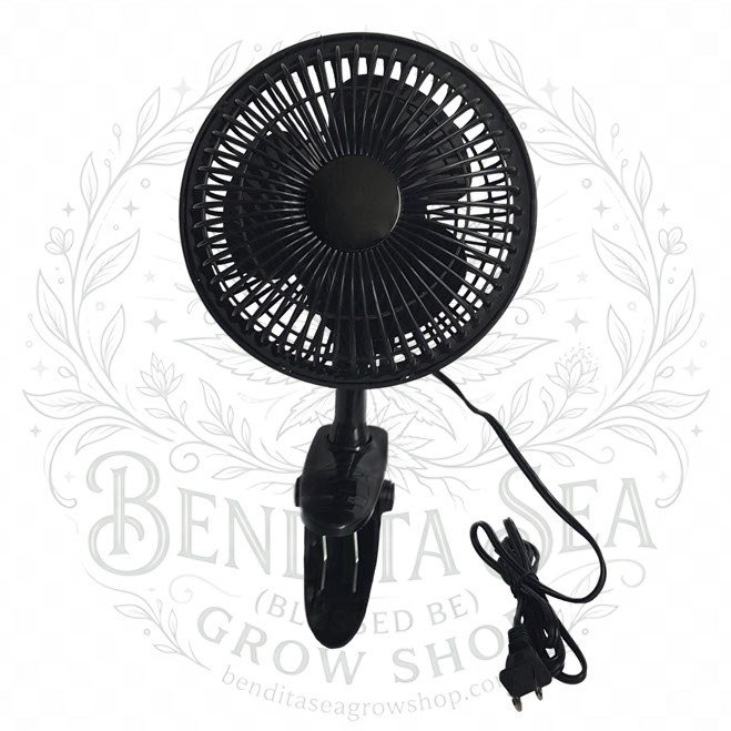 Ventilador de clip negro de 6 pulgadas, vista de frente
